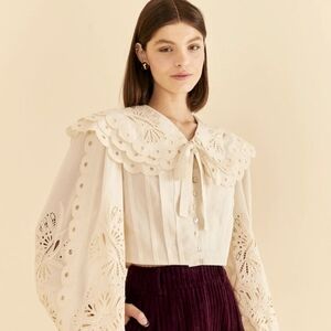Off White Richelieu Big Collar Blouse, Medium, Farm Rio